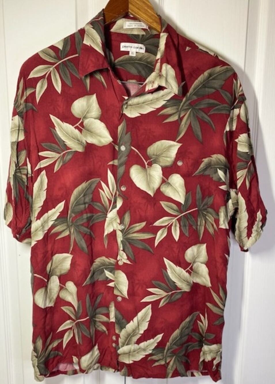 Pierre Cardin Red Tropical Leaf Shirt • 100% Rayon • XL • 30" Long, 25" Chest